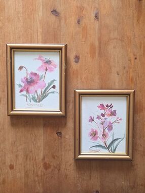 Vintage Floral Original Watercolor Framed Paintings Signed M Sawatzky  Pair 5x6